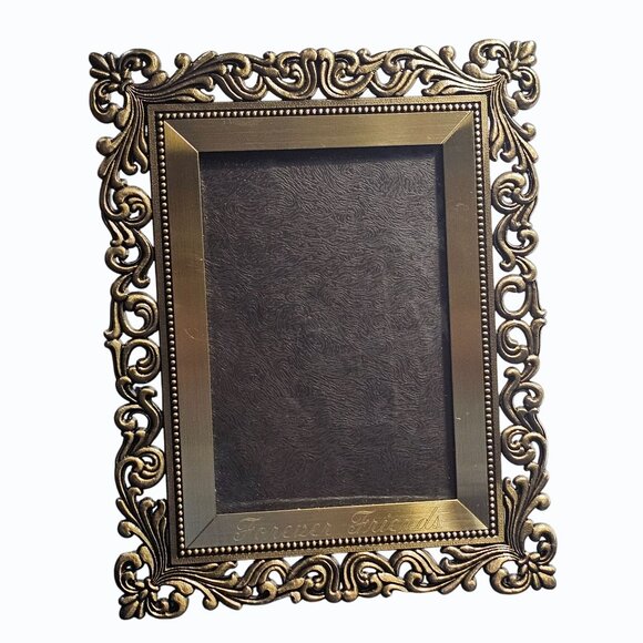 Brass "Forever Friends" Tabletop Photo Frame Ornate Scroll Border Heavy - Picture 5 of 11